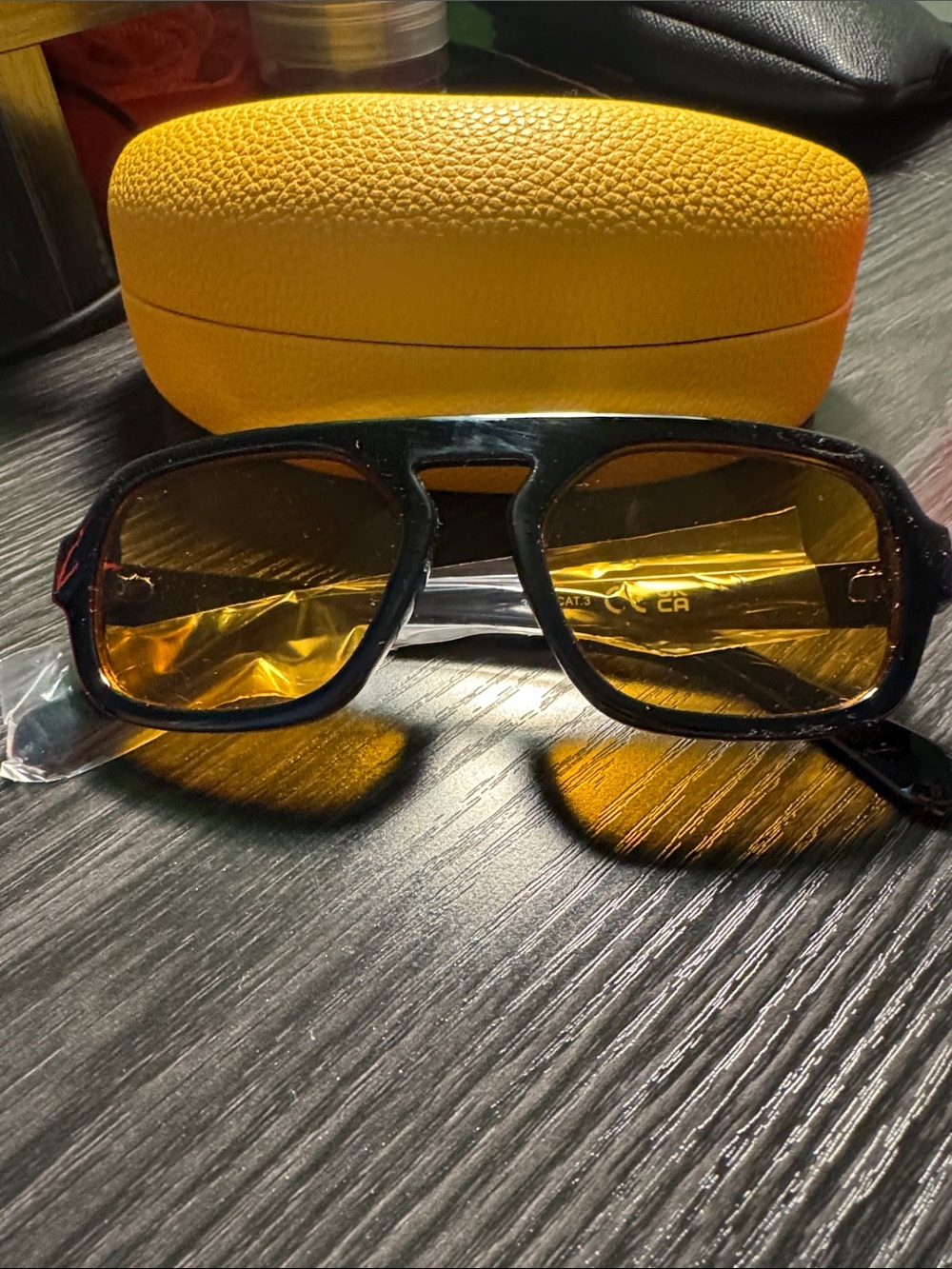 Black Frame Amber Lens Sunglasses with Yellow Case